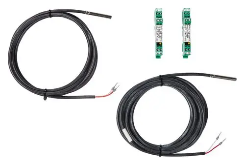 Zwei Temperatursensoren mit Anschlusskabeln und zwei Montagemodulen von Vaillant, geeignet für geoTHERM und aroTHERM Systeme.